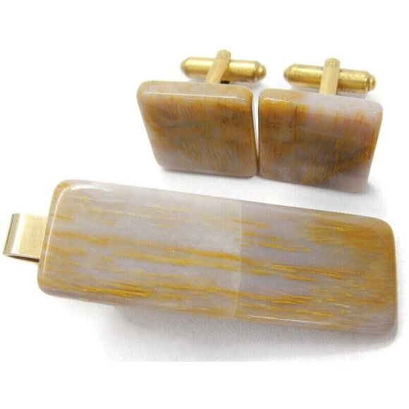 Brown Marble Cufflink & Neck Tie Clip Set Gold Tone Shirt Wedding Tux Vtg - Picture 2 of 8